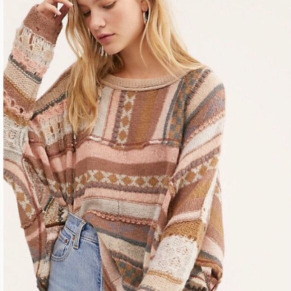 Free People Sweaters - Free People December Skies Muted Pink Tan Gray Open Knit Poncho Sweater S